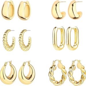 6 Pairs 14K Gold Hoop Earrings for Women Lightweight Chunky Hoop Earrings Multipack Hypoallergenic..