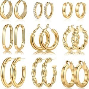 Yesteel 9 Pairs 14K Gold-Plated Chunky Hoop Earrings Set – Hypoallergenic